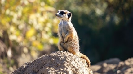 Fototapeta premium Meerkat standing vigilant on a rocky mound surveying its surroundings in a natural habitat setting.