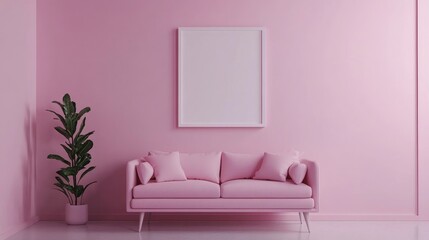 Minimalist pink room interior featuring a cozy sofa and a blank poster frame ready for artwork display