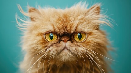 Fluffy cat with exaggerated whiskers and curious eyes on a blue background Pet care theme Focus on feline expressions and features