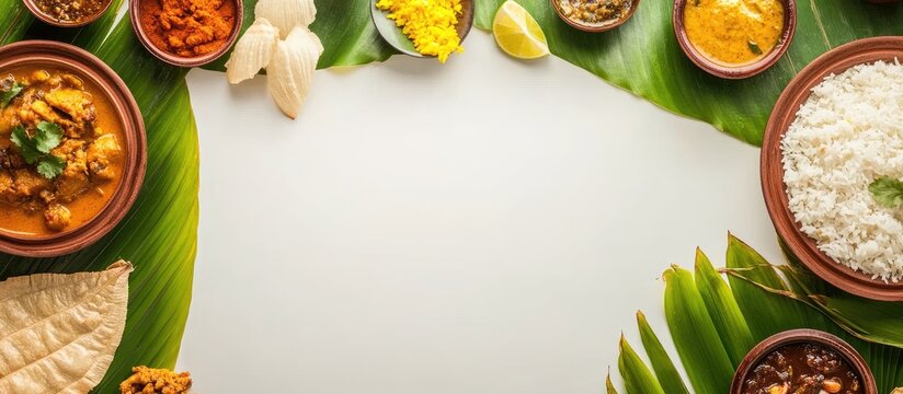 Traditional Onam Sadhya Feast with Assorted Dishes and Blank Space for Text for Festive Celebrations and Culinary Promotions