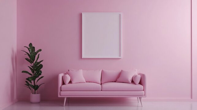 Minimalist pink room interior featuring a cozy sofa and a blank poster frame ready for artwork display