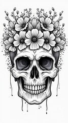 Floral Design Skull Illustration for Creative Projects and Coloring Activities. Generative AI