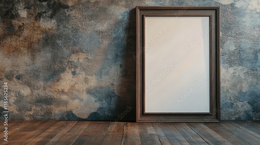 Aufkleber old dark wooden picture frame on wall with rustic textures and wooden floor creating an inviting min