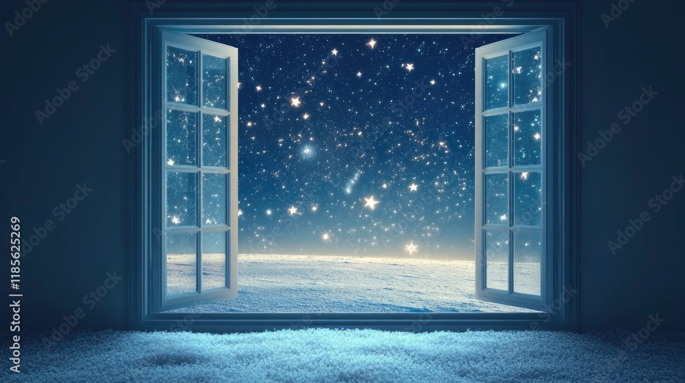 Poster winter wonderland view through a cheerful open window with falling snowflakes and sparkling stars at