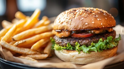 Mouthwatering mushroom burger with French fries served in a cozy restaurant setting ideal for food enthusiasts and culinary promotions
