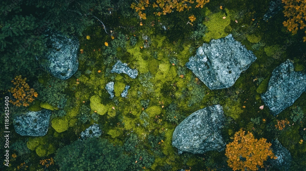 Poster aerial view of lush green and blue moss on rocks within a forest featuring scattered brown leaves an
