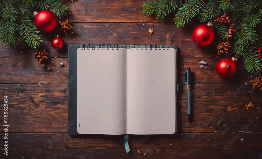 Aufkleber notebook is open on a wooden table with a pen and a bunch of red christmas ornaments