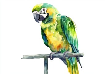 Fototapeta premium A vibrant watercolor painting of a parrot perched on a branch, showcasing its colorful plumage and charming personality.