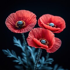 A close-up of vibrant red poppy flowers with intricate details against a dark background.