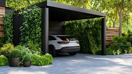 Architecturally designed urban carport featuring a minimalist and contemporary structure with lush climbing ivy covered walls and a sleek metal framework