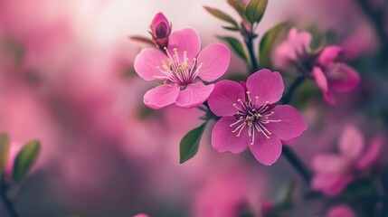 Fototapeta premium Delicate pink blossoms on a twig with soft bokeh background enhancing the beauty of springtime floral scenery