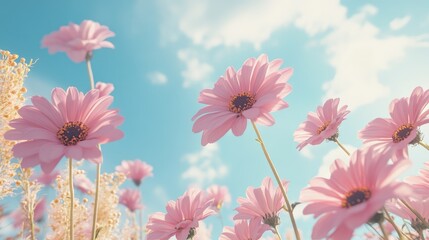 Fototapeta premium Pink daisies under a bright blue sky creating a vibrant springtime floral background symbolizing renewal and the joy of nature's beauty