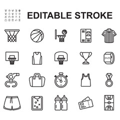 Collection of basketball icons. Thin line vector. Contains icons such as basketball hoop, basketball, medal and more.