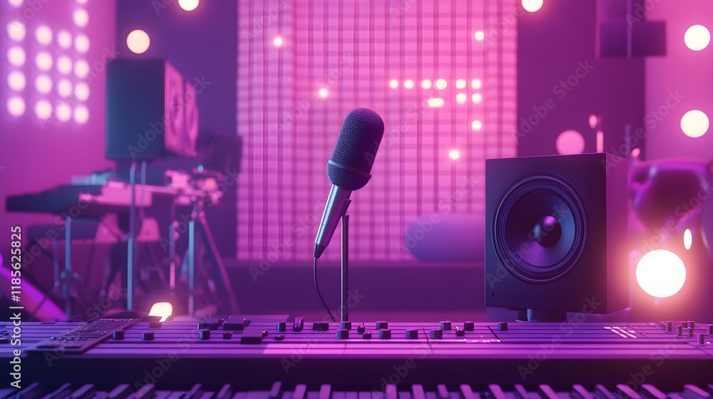 Poster studio setup with microphone keyboard and speaker