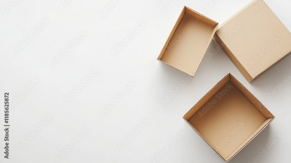 Poster cardboard boxes in various sizes opened on a minimalist white background for packaging and storage c