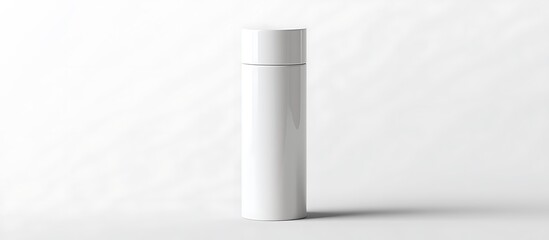 A cylindrical white cosmetic bottle with a glossy finish, placed against a white background, highlighting its modern aesthetic.