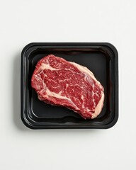 Fresh Raw Ribeye Steak on Black Styrofoam Tray Ready for Cooking, Grilling, or Barbecue with Intricate Marbling and Juicy Texture