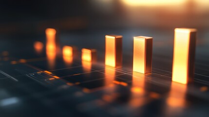 A D bar chart depicting yearly growth statistics, with bars arranged in ascending order, accented by soft glows that highlight each bar's height.