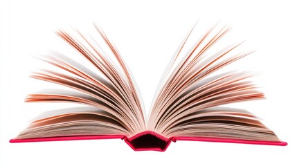Fototapeta premium Open red book with flying pages on a white background showcasing dynamic motion and vibrant color for educational or creative concepts