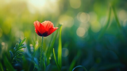Obraz premium Vibrant red poppy flower surrounded by lush green grass creating a serene spring atmosphere with a beautifully blurred background