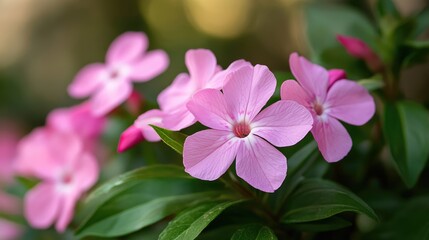 Delicate Pink Periwinkle Flowers Adding Freshness to a Lush Green Background in Nature