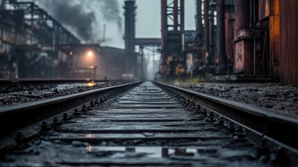 Industrial Railway Tracks Leading Through Smoky Factory Landscape Under Moody Atmosphere
