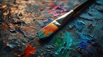 Obraz premium Vibrant paint brush resting on textured palette with colorful oil paints showcasing artistic creativity and inspiration.
