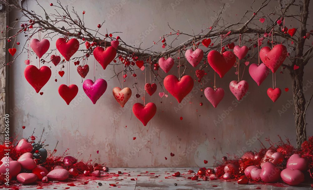 Poster wall with a bunch of red hearts hanging from a tree. the hearts are all different sizes and are hang