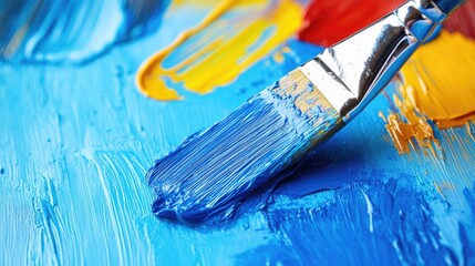 Fototapeta premium Vibrant paint palette with blue and yellow hues and a brush captures the essence of artistic creativity and expression in fine arts.