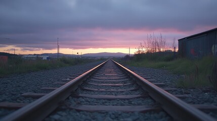 Fototapeta premium Railway tracks stretching towards a colorful sunset horizon under a dramatic sky with lush greenery along the sides.