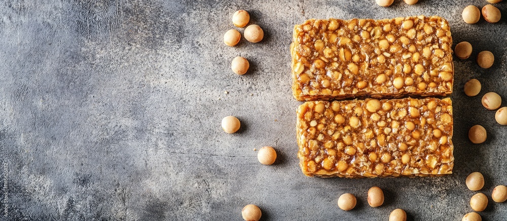 Poster raw tempeh made from fermented soybeans on a rustic gray table with soybeans showcasing traditional 