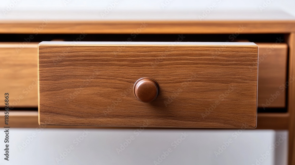 Poster brown wooden drawer with round handle partially opened against a clean white background showcasing i