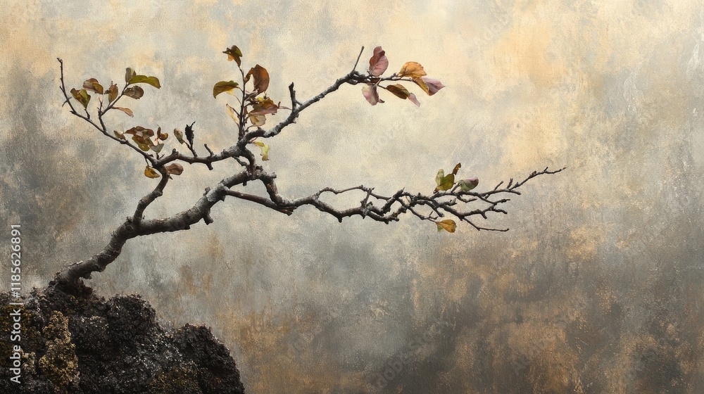 Poster renewed growth on a resilient tree branch against a textured background