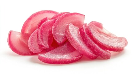 Sliced pink pickled sushi ginger arranged on a clean white background showcasing vibrant color and texture for culinary presentations.