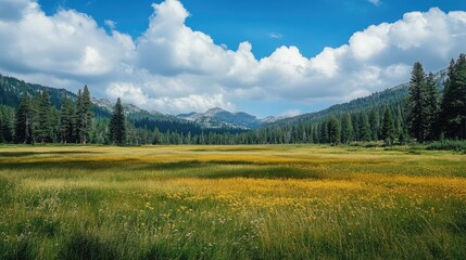 Obraz premium Vibrant Meadow Landscape Surrounded by Lush Green Forest and Majestic Mountains Under a Bright Blue Sky with Fluffy Clouds