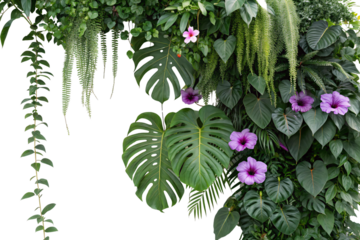 Purple flowers interwoven with monstera, hanging ferns, and climbing vines create a cascading tropical greenery display, isolated on a transparent background