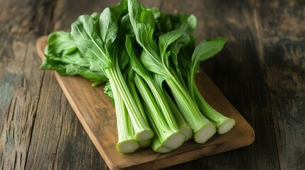 Fresh green bok choy arranged on a rustic wooden cutting board with ample copy space for culinary or health related advertisements