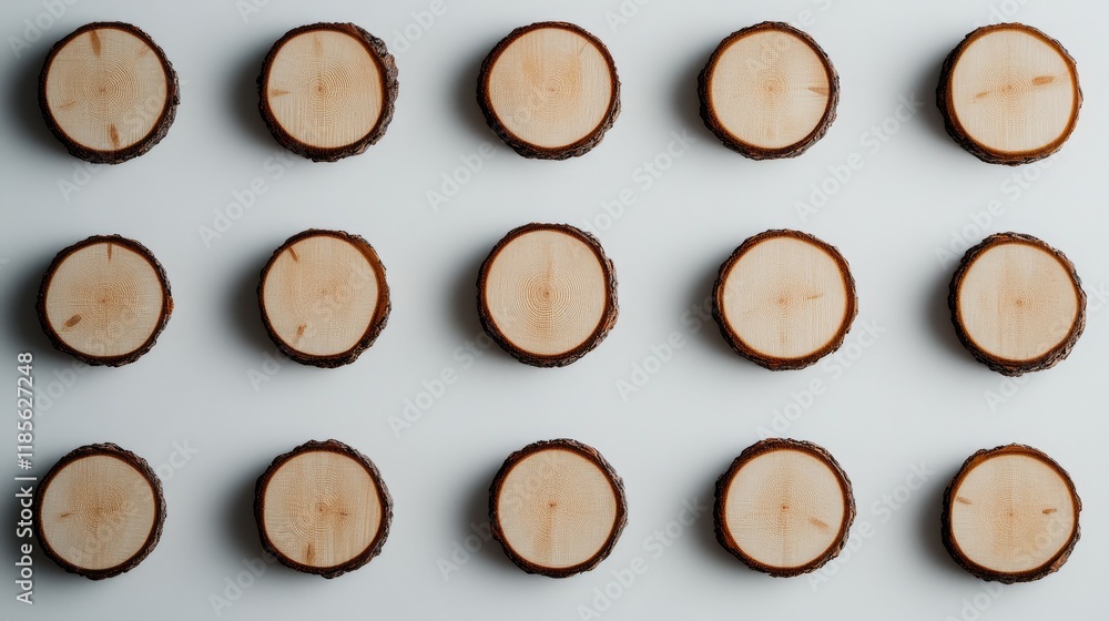 Poster assorted wooden slices arranged in a grid pattern on a clean white background for natural decor or c