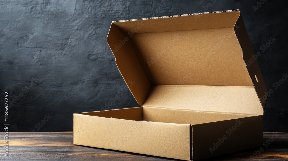 Poster cardboard box with open lid showcasing editable space for bakery packaging design on wooden table ag