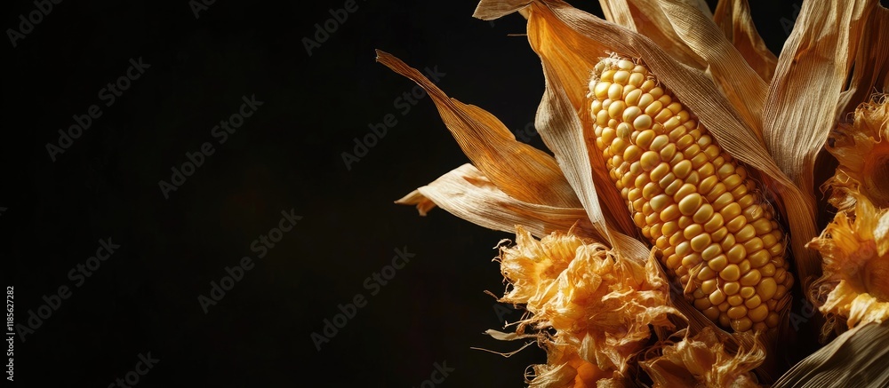 Poster golden maize corn cobs close up in garden harvest with dark background and empty space for text idea