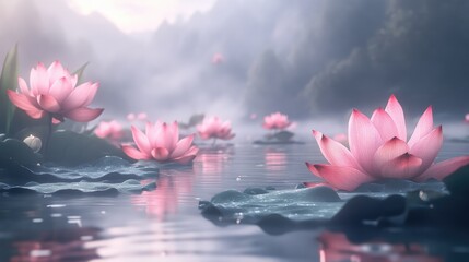 Peaceful Pink Lotus Blossoms Surrounded by Misty Lake Reflections Symbolizing Spirituality and Tranquility in Nature's Calm Environment