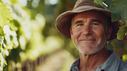 Obraz premium Mature farmer smiling in vineyard during grape harvest showcasing expertise and connection to agriculture and nature