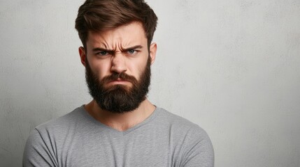 Fototapeta premium Serious young bearded man with furrowed brow expressing frustration against a neutral background