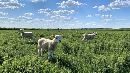 Fototapeta premium Radio-collared lambs grazing peacefully in a vibrant green pasture under a bright blue sky with fluffy clouds.