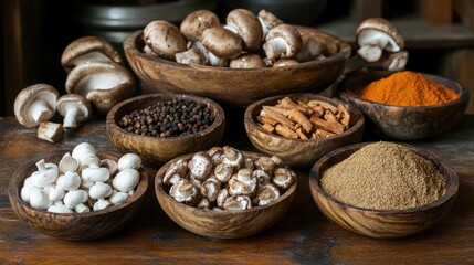 Mushrooms and an assortment of spices displayed in rustic wooden bowls on a textured wooden table background