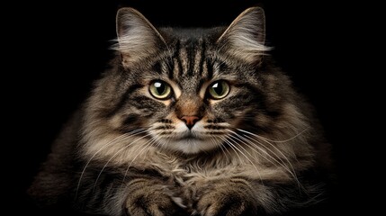 Fototapeta premium Fluffy gray tabby cat portrait with mesmerizing green eyes on a dark background showcasing its majestic fur and captivating presence.