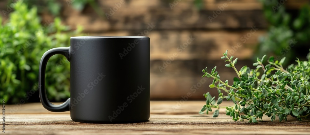 Poster minimalistic black ceramic mug on rustic wooden background with herbs and empty copyspace for text i