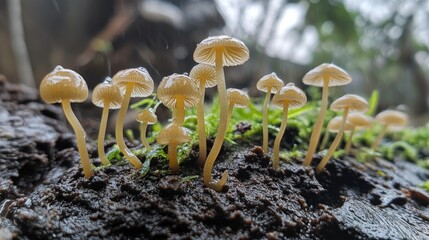 New generation of mushrooms sprouting under a tree after rain showcasing nature's resilience and beauty in a forest environment.