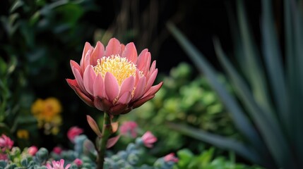Pink blooming flower surrounded by lush greenery in a vibrant garden setting showcasing nature's beauty and tranquility