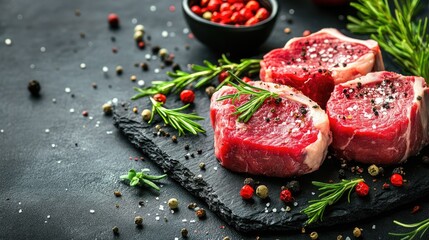 Fresh raw pork chops garnished with herbs and spices on a slate board ready for cooking in a rustic kitchen setting.